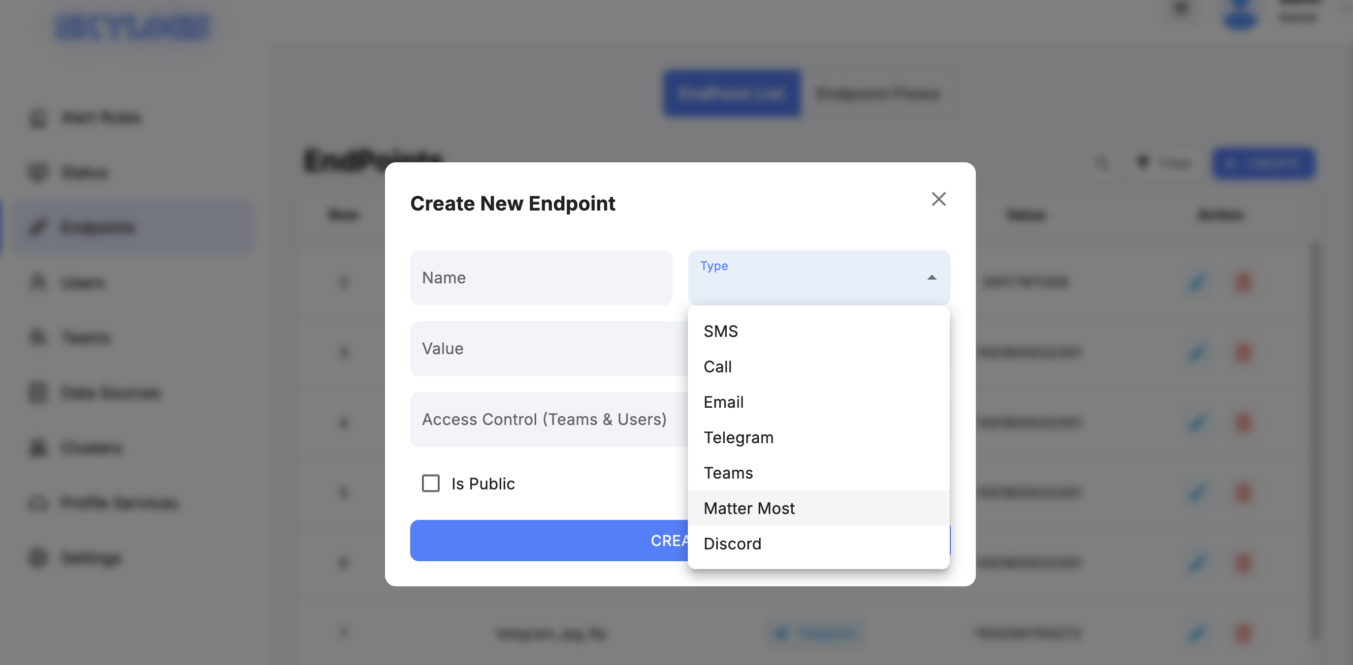 Skylogs Endpoint creation
